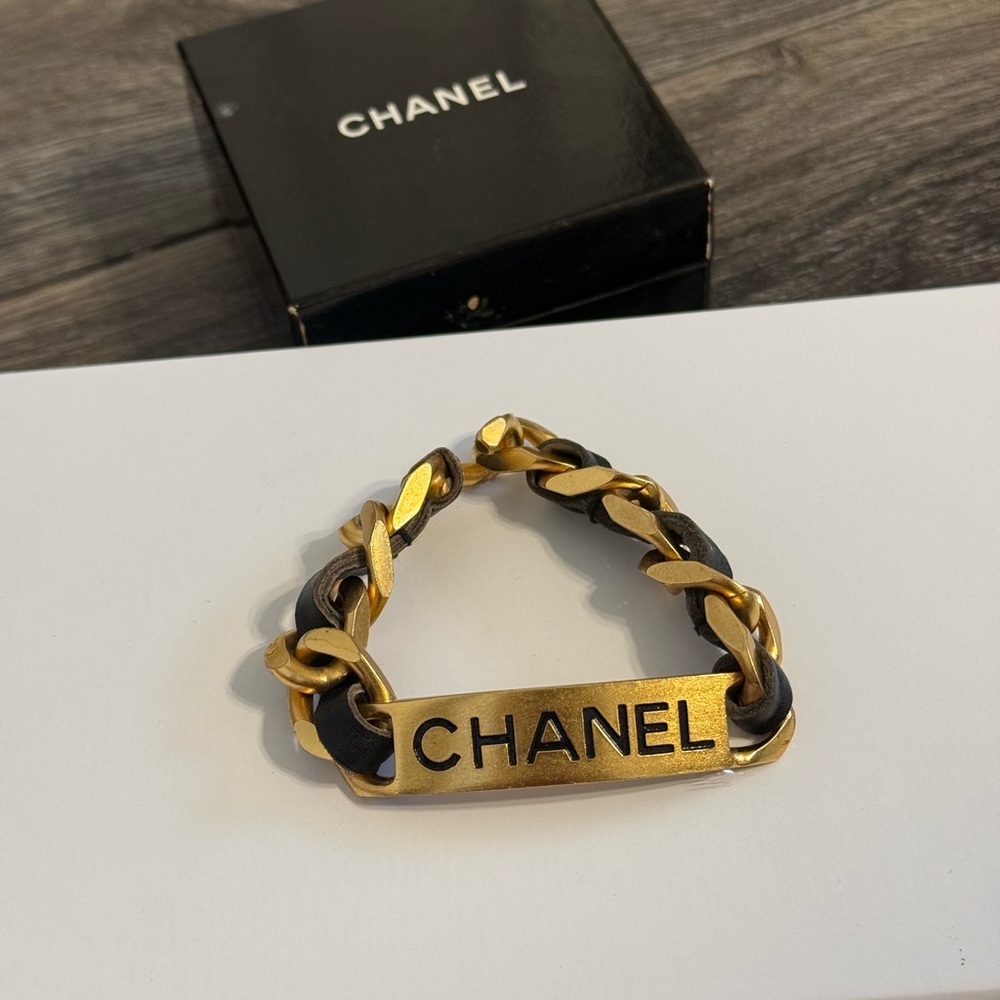 CHANEL Vintage Black Leather ID Gold Chain Link Bracelet